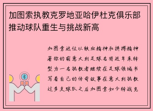 加图索执教克罗地亚哈伊杜克俱乐部推动球队重生与挑战新高 加图索执教克罗地亚哈伊杜克俱乐部推动球队重生与挑战新高