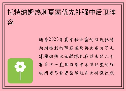 托特纳姆热刺夏窗优先补强中后卫阵容 托特纳姆热刺夏窗优先补强中后卫阵容